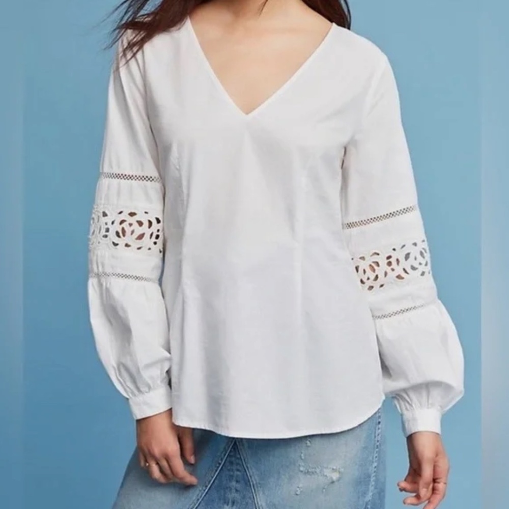 Anthropologie Maeve Cotton White Embroidered Peasant Top Size 6